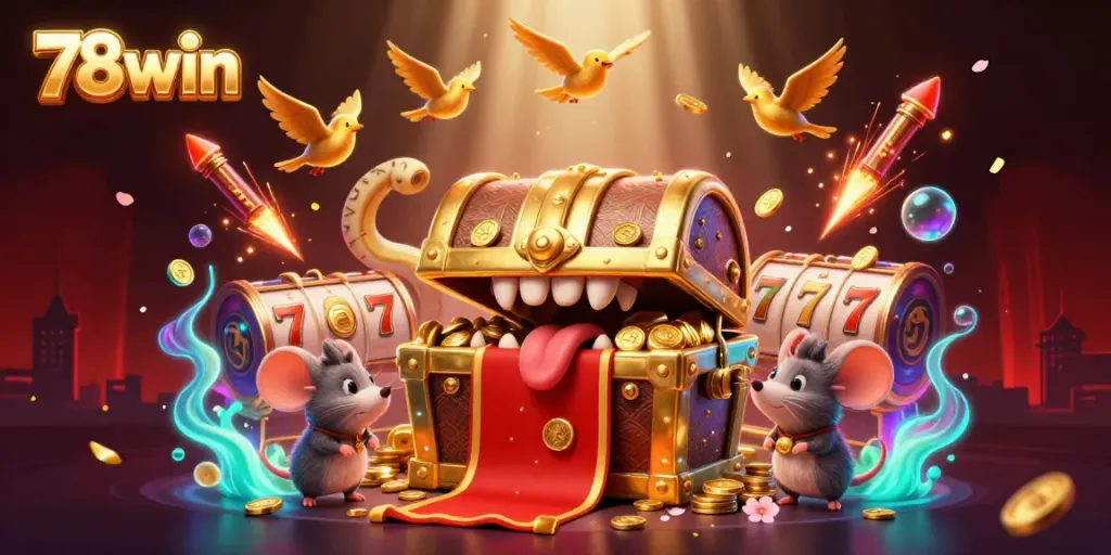 Embark on a thrilling adventure with 78win, a vibrant online casino illustrated scene featuring rich treasures and gaming elements.