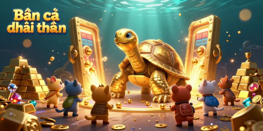 Engaging Bắn cá đổi thưởng scene with a golden tortoise pinball machine and lively ocean-themed elements.