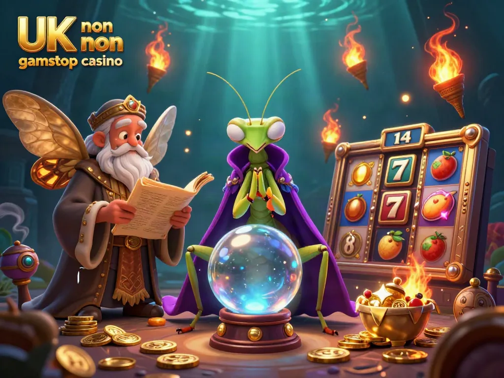 Engage with UK non gamstop casino themes in a vibrant, mystical scene with fortune teller and elements.