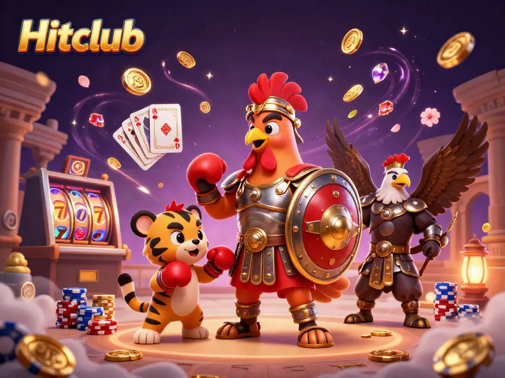 Engage with Hitclub's thrilling gaming experience featuring a dynamic rooster warrior and a tiger cub.
