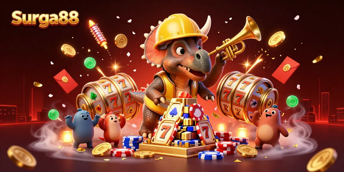 Join Surga88 excitement as playful dinosaurs celebrate winning poker chips amidst festive casino elements.