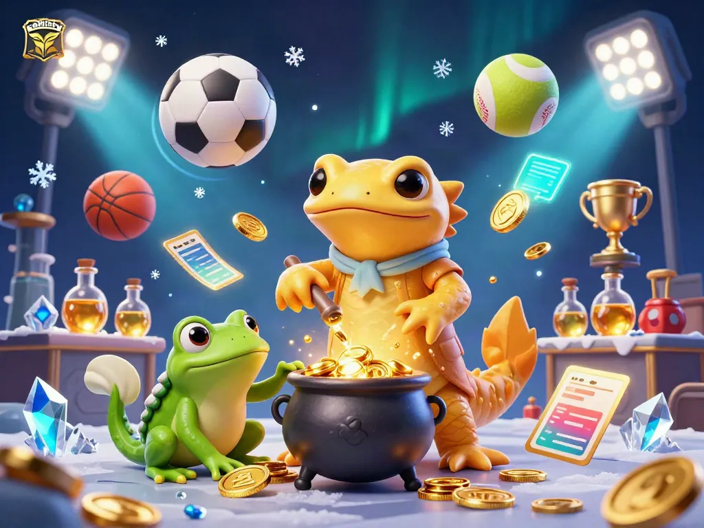 Experience thrilling gaming at cakhiatv with a vibrant 3D illustration of alchemists and sports elements.