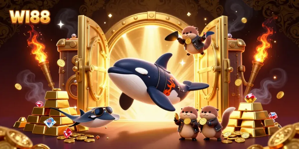Experience gaming excitement at WI88 with a stunning orca, stingray, and sea otters celebrating with gold.