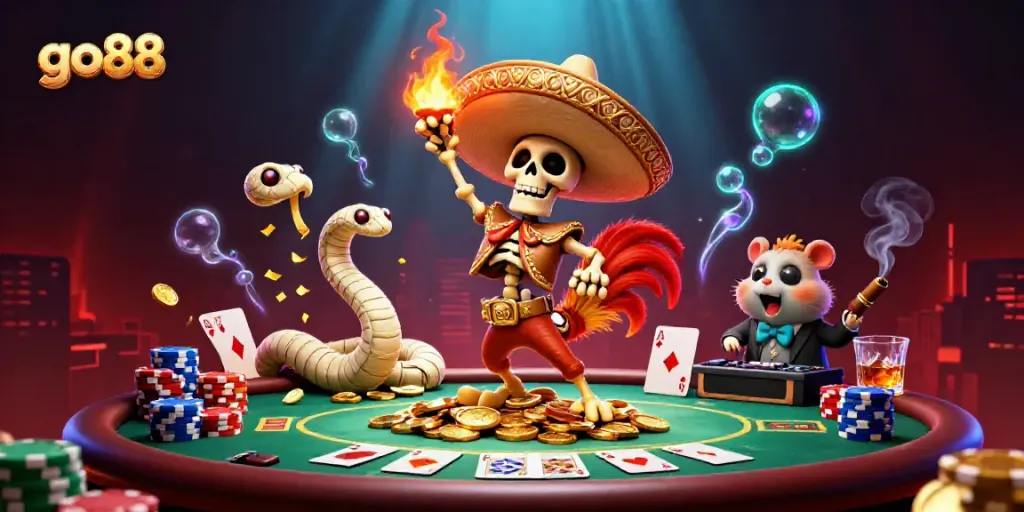 Experience the vibrant atmosphere of go88 with our animated characters celebrating on casino coins.