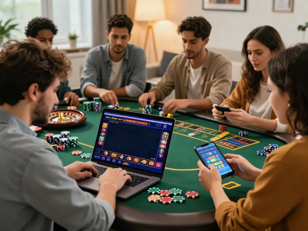 Engaging scene of players enjoying a non UK casino online with laptops and mobiles, colorful graphics.