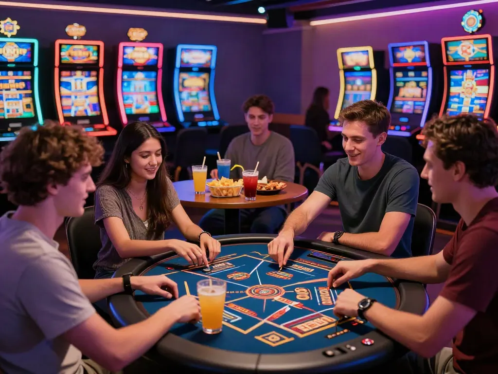 Exciting gaming scene at a non UK casino with friends enjoying various games.