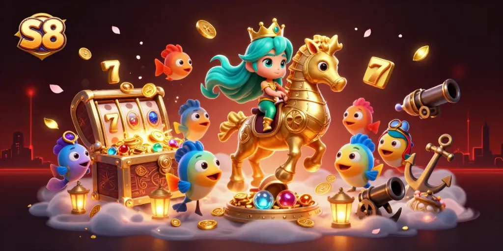 Engage with S8 features while spinning lucky slot reels in a 3D casino-themed underwater adventure.