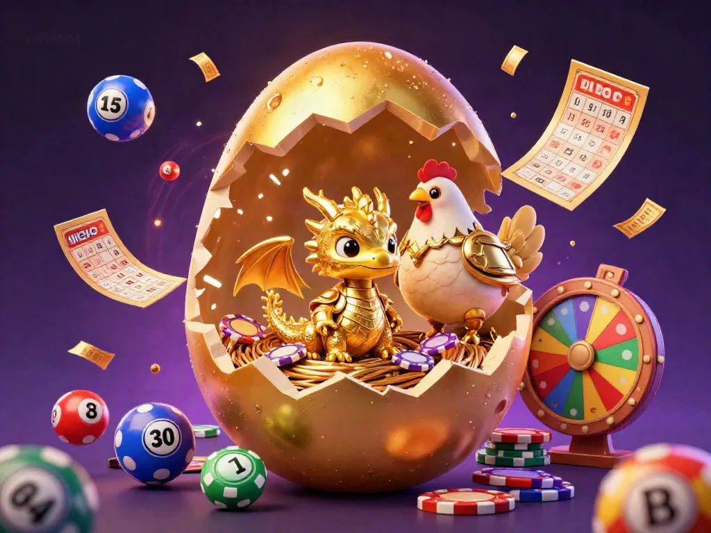 Experience the excitement of debet gaming with a vibrant scene featuring a golden baby dragon, poker chips, and dynamic lottery elements.