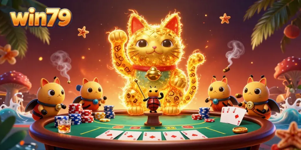 Win79 showcases a vibrant scene with golden fireflies and casino elements, delighting gamblers.