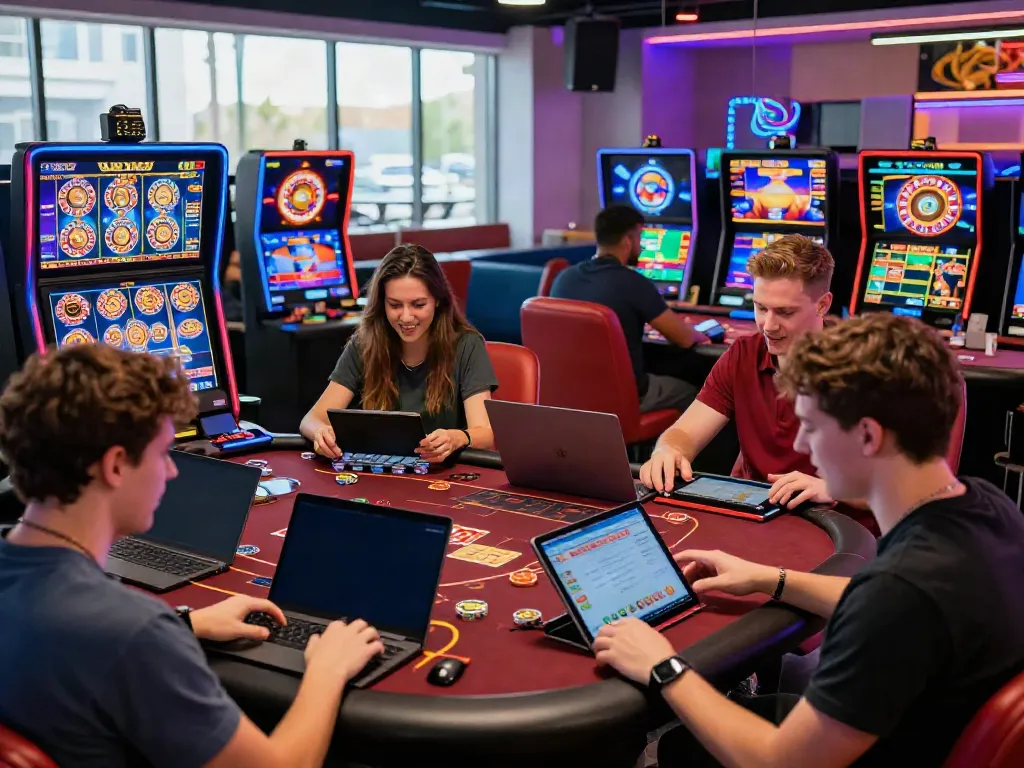 Exciting non UK casino gaming scene with diverse players enjoying vibrant digital games.