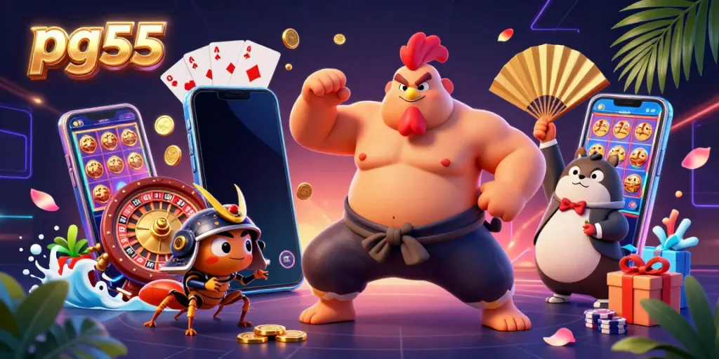 Engage with the dynamic pg55 casino world featuring an energetic sumo rooster, samurai cricket, and tanuki announcer.