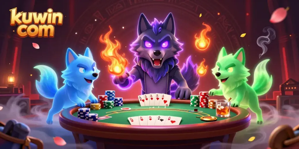 Experience the thrill of kuwin com with ghostly wolves and vibrant poker action in a captivating casino scene.