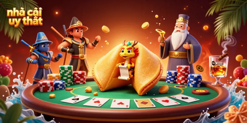 Experience the thrill of gambling with nhà cái uy tín featuring vibrant casino elements and characters.