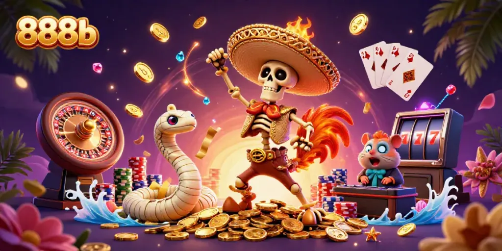 Join the vibrant celebration at 888b with a lively 3D casino scene featuring colorful characters and exciting game elements.