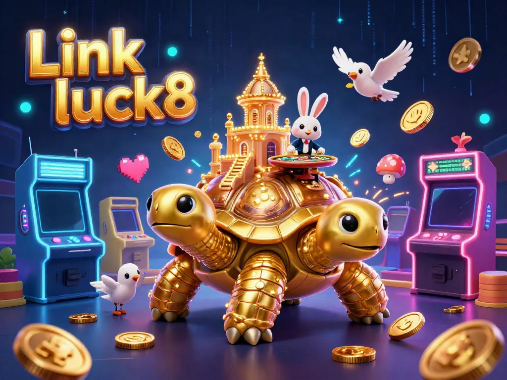 Link vào luck8 with a giant tortoise casino, rabbit dealer, and flying coins in a vibrant scene.