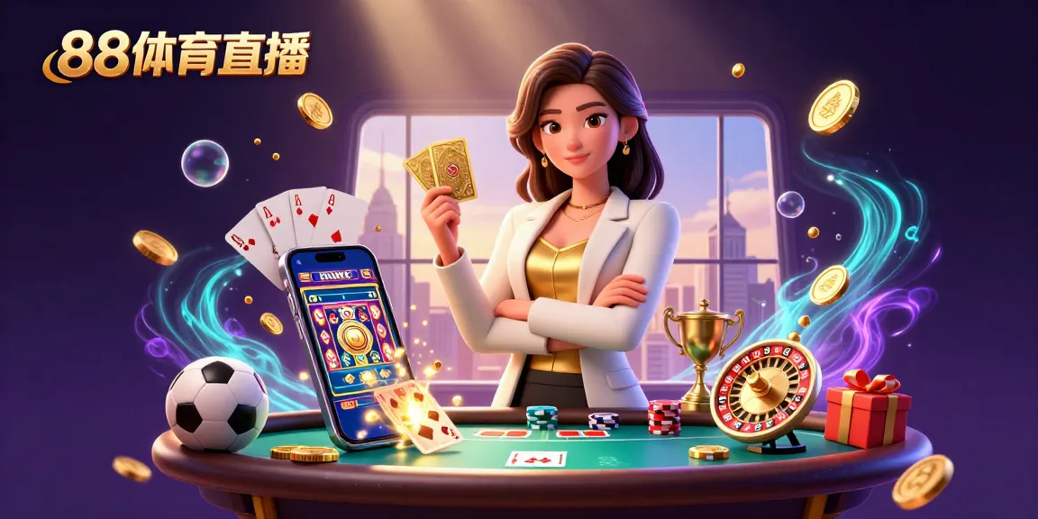 Bet on 88体育直播 with a powerful businesswoman showcasing sports betting elements and vibrant casino graphics.