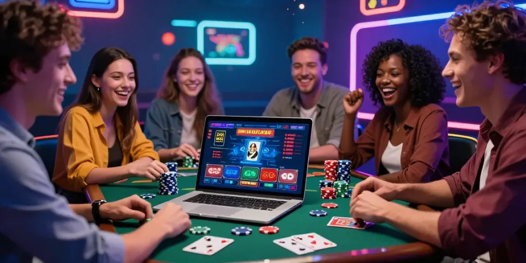 Engaged players enjoying a non UK casino experience on a vibrant laptop setup.
