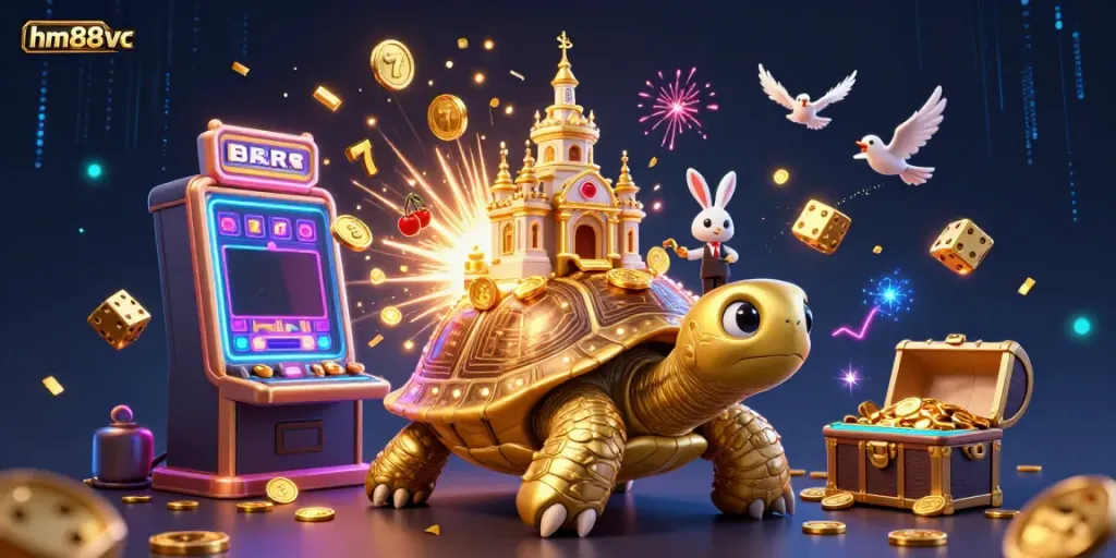 Spin and win at hm88vc with a glamorous 3D casino scene featuring a golden tortoise and colorful slot machines.
