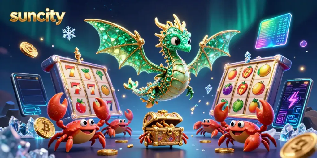 Suncity showcases a vibrant casino scene featuring a diamond sea dragon, slot reels, and crypto coins.