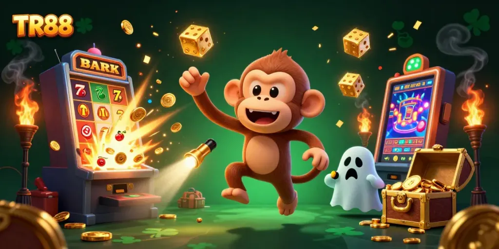 Engage with TR88 at this vibrant haunted casino, featuring a mischievous monking juggling while a ghost-hunter puppy tracks it.