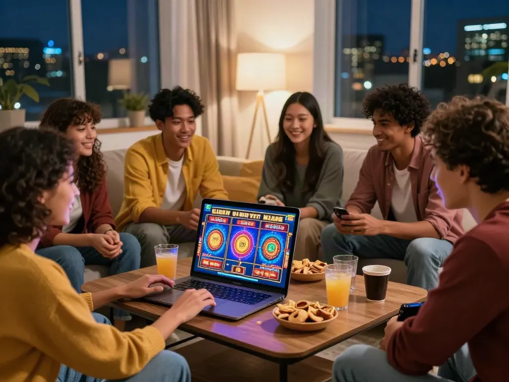 Friends enjoying a non UK casino gaming experience in a cozy living room.