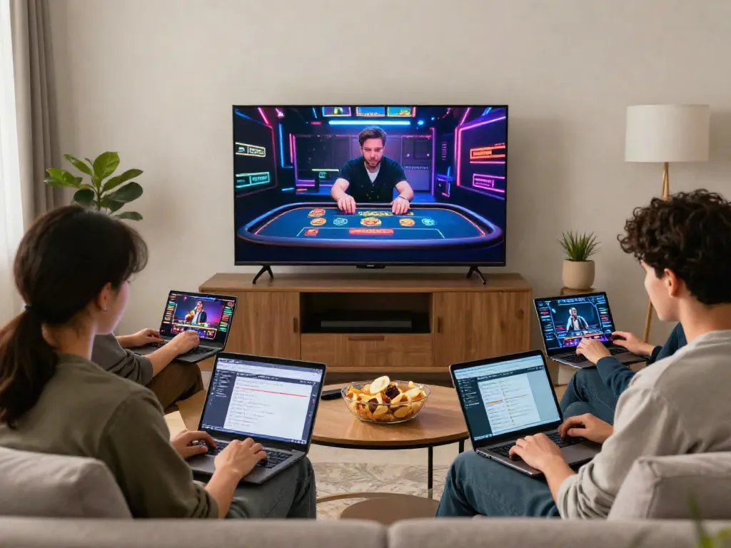 Engaging players enjoying non UK casino games in a cozy living room.