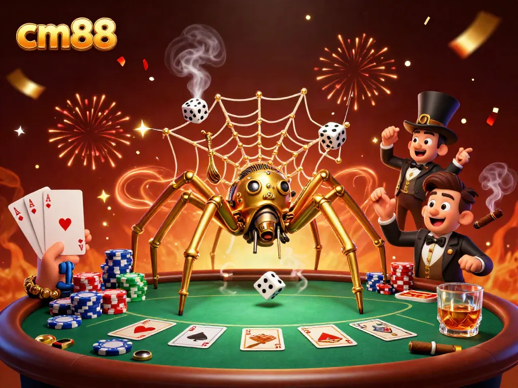 Engaging scene with the cm88 brand featuring a steampunk spider and a Victorian fly gentleman amidst a bustling casino.