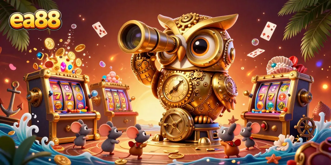 Experience the thrilling casino vibe with ea88, featuring a whimsical owl overseeing vibrant slot machines amidst playful characters.