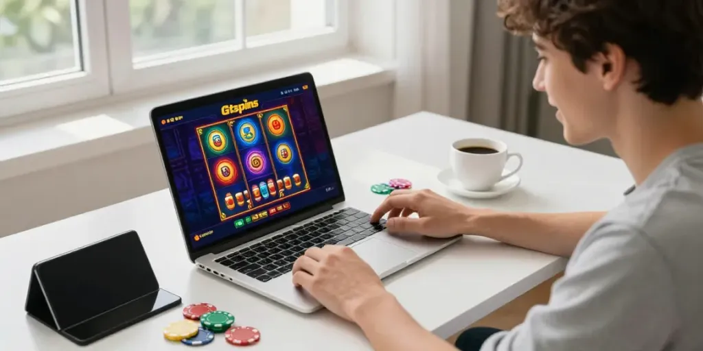 Engaging with the Gtspins Casino platform in a cozy setting, showcasing vibrant slot games and gaming accessories.