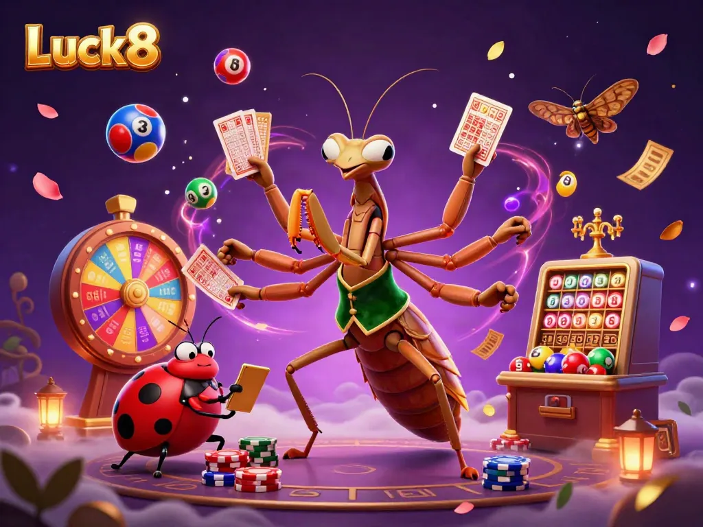 Luck8 online casino illustration featuring a giant praying mantis and ladybug in a vibrant setting with lottery balls and golden tickets.
