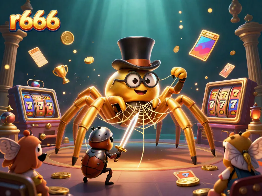 Experience r666's engaging online gaming atmosphere with golden tarantula, beetle knight, and slot machine action.