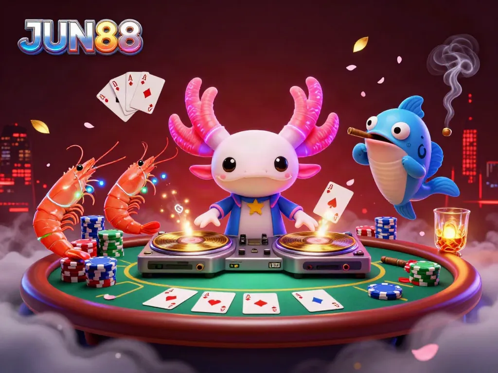 Experience thrilling JUN88 gaming with a neon axolotl DJ, lively shrimp dancers, and vibrant casino elements in a packed scene.