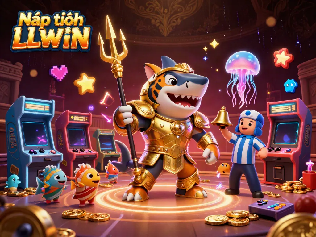 Nạp tiền LLWIN with a dynamic underwater scene featuring a tiger shark and arcade elements, creating an engaging casino atmosphere.
