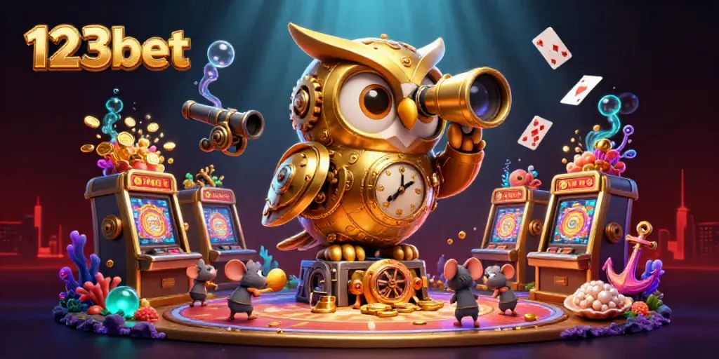 Engage with the vibrant 123bet casino scene featuring interactive characters and gaming elements.