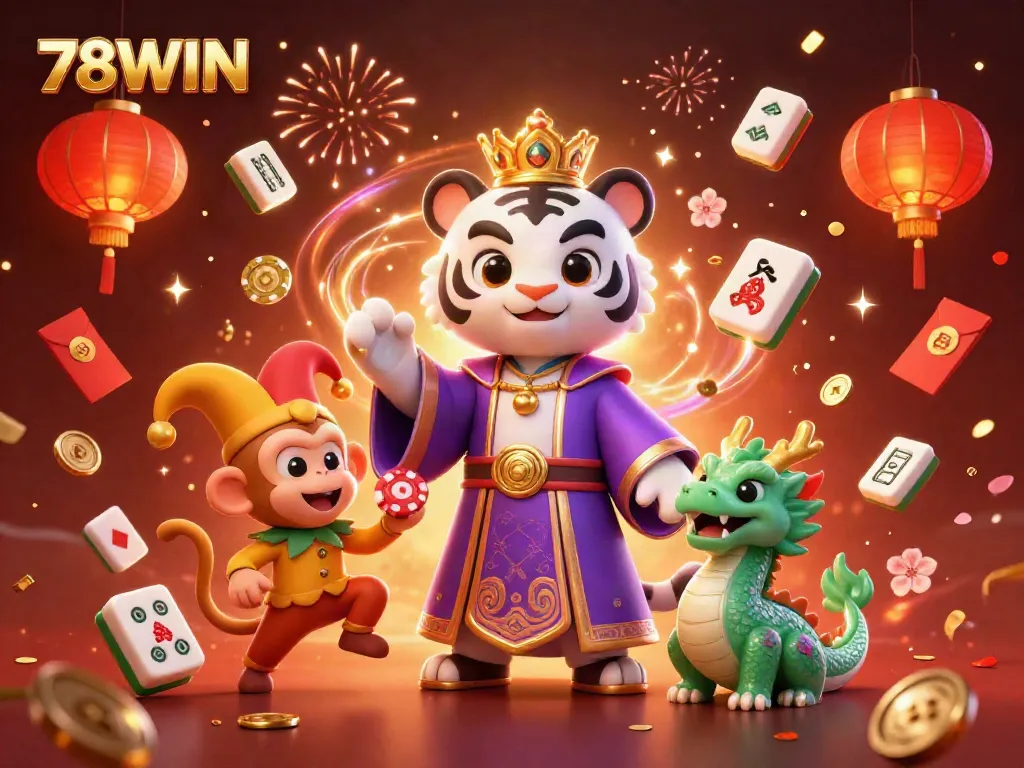 Engage in the vibrant casino experience with 78WIN featuring a royal tiger, playful monkey, and jade dragon amidst festive elements.