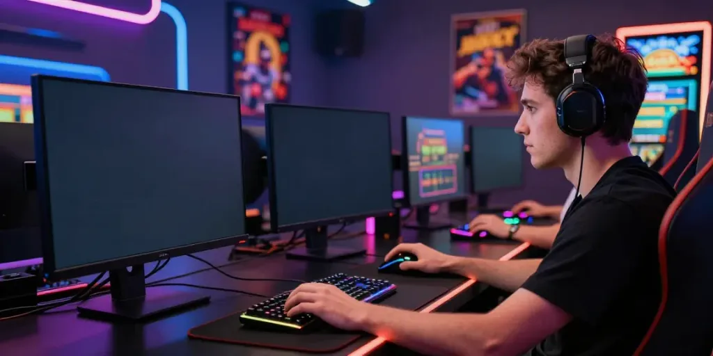 Engaged player exploring non UK casino games on multiple screens in a dynamic gaming setup.