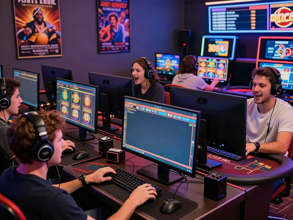 Players engaged in non UK casino gaming, featuring vibrant screens and exciting atmosphere.