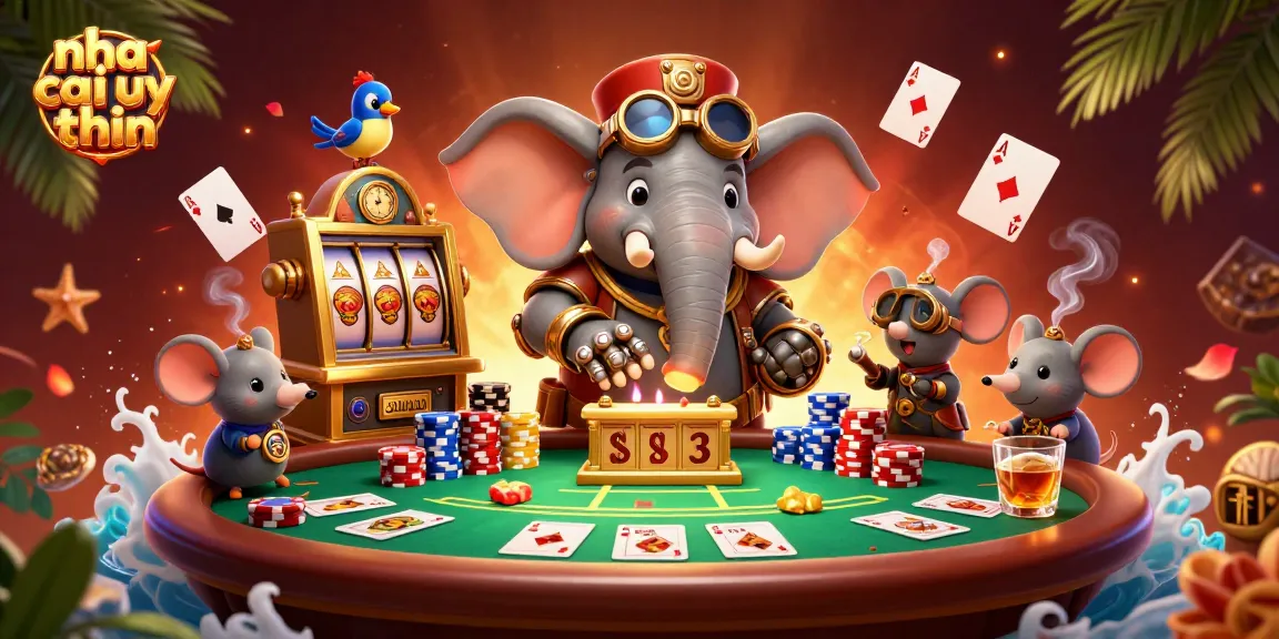 Engage with top-rated nha cai uy tin at a vibrant 3D casino scene featuring steampunk characters and poker elements.