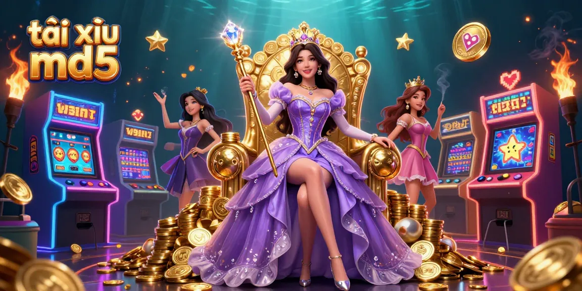 Engage with tài xỉu md5 in a vibrant 3D casino scene featuring a regal character and classic gaming elements.