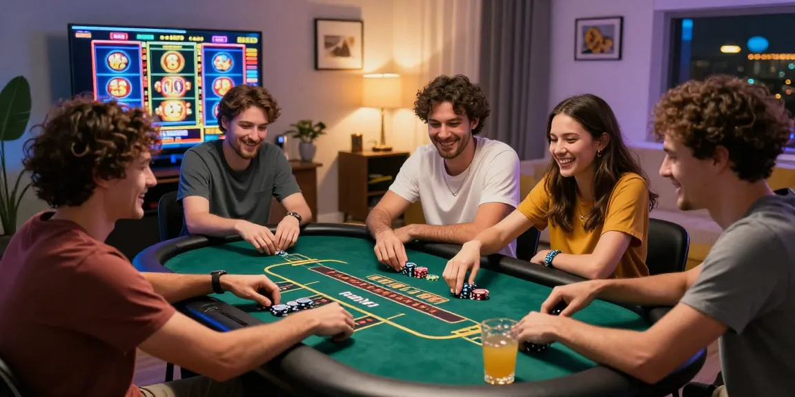 Catching the excitement of a group playing slot poker at home, showcasing digital tables and vibrant slot graphics.