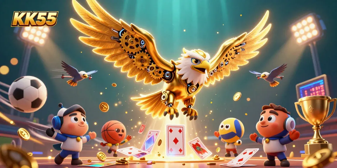 Watch the captivating KK55 golden eagle soar through a vibrant casino-themed scene.