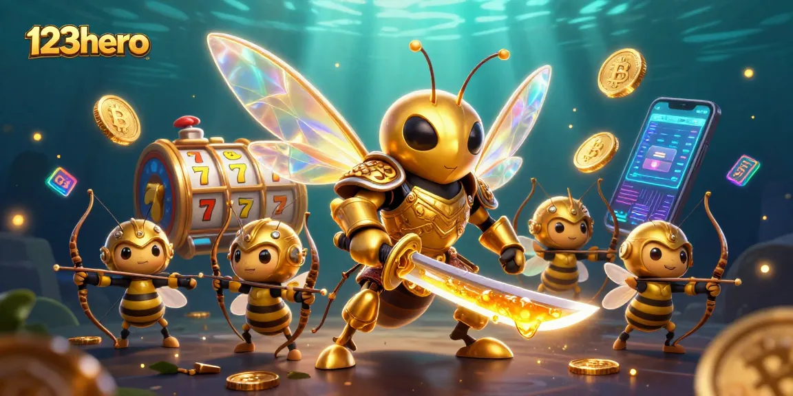 Experience thrilling gameplay at 123hero with vibrant slot reels and cryptocurrency elements.