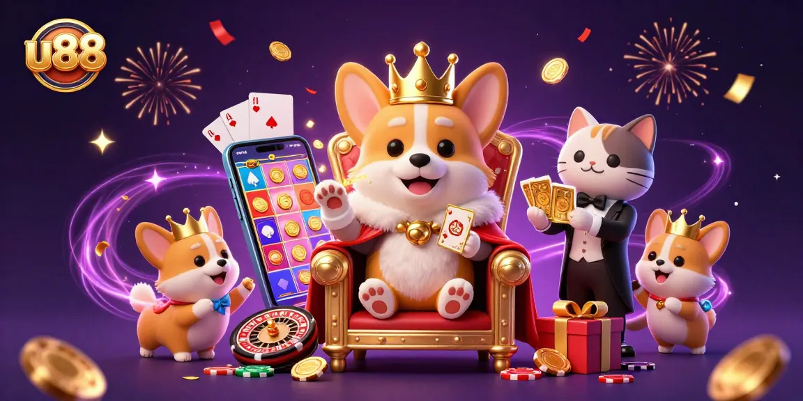 Engage with u88's exciting games as a royal corgi reigns over a vibrant casino scene.