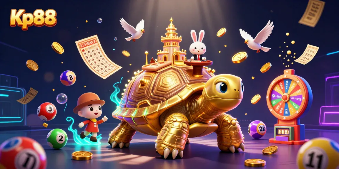 Engage with Kp88’s vibrant casino atmosphere featuring a golden tortoise and dynamic lottery elements.