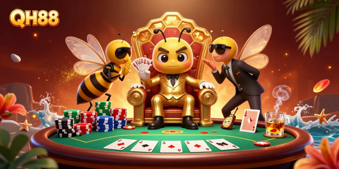 Experience the thrill of QH88 with high-stakes poker in a vibrant casino scene complete with characters and dynamic game elements.