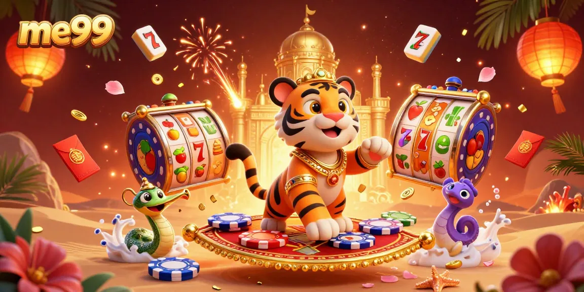Experience the thrill of me99 with a vibrant 3D casino scene featuring magical characters and slots.
