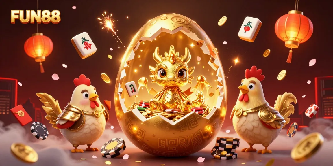 Experience FUN88's casino magic with a vibrant scene of a golden dragon and poker chips.