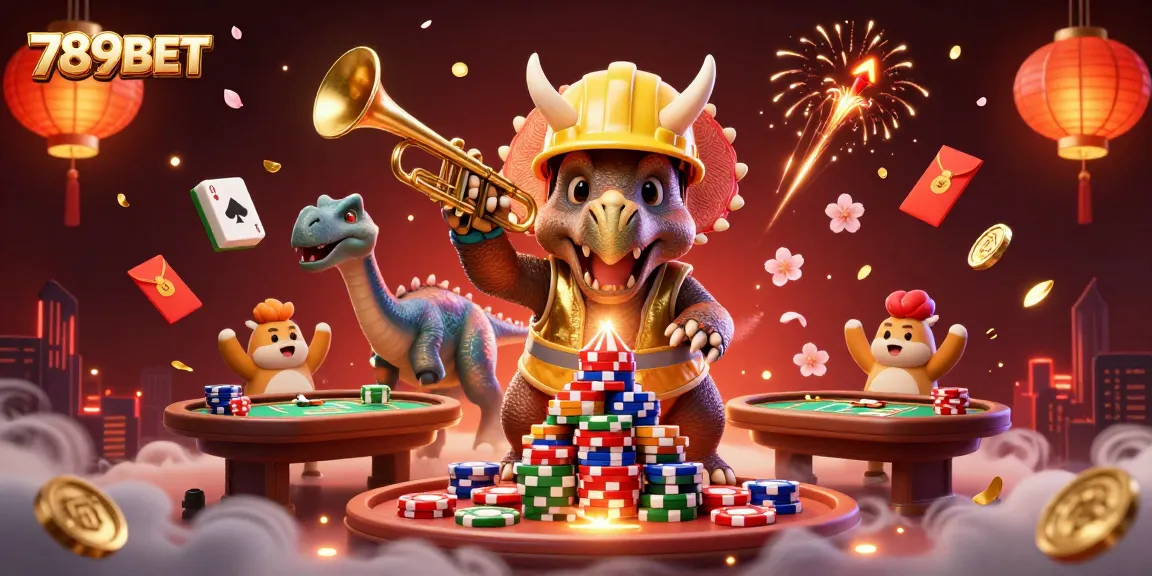 Build your winnings at 789BET with a vibrant casino scene featuring triceratops and poker chips.