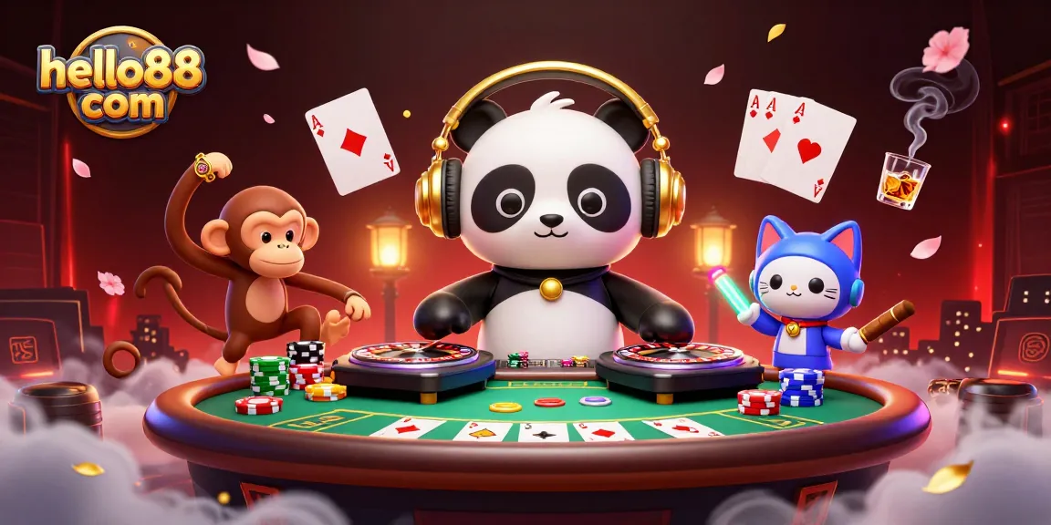 Engage with hello88 com's vibrant casino scene featuring a DJ panda, poker action, and colorful casino elements.