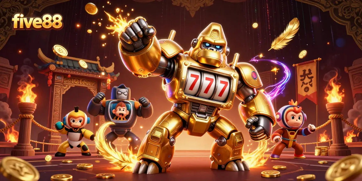 five88 action-packed scene featuring a golden gorilla mech with slot machine parts and coins bursting out